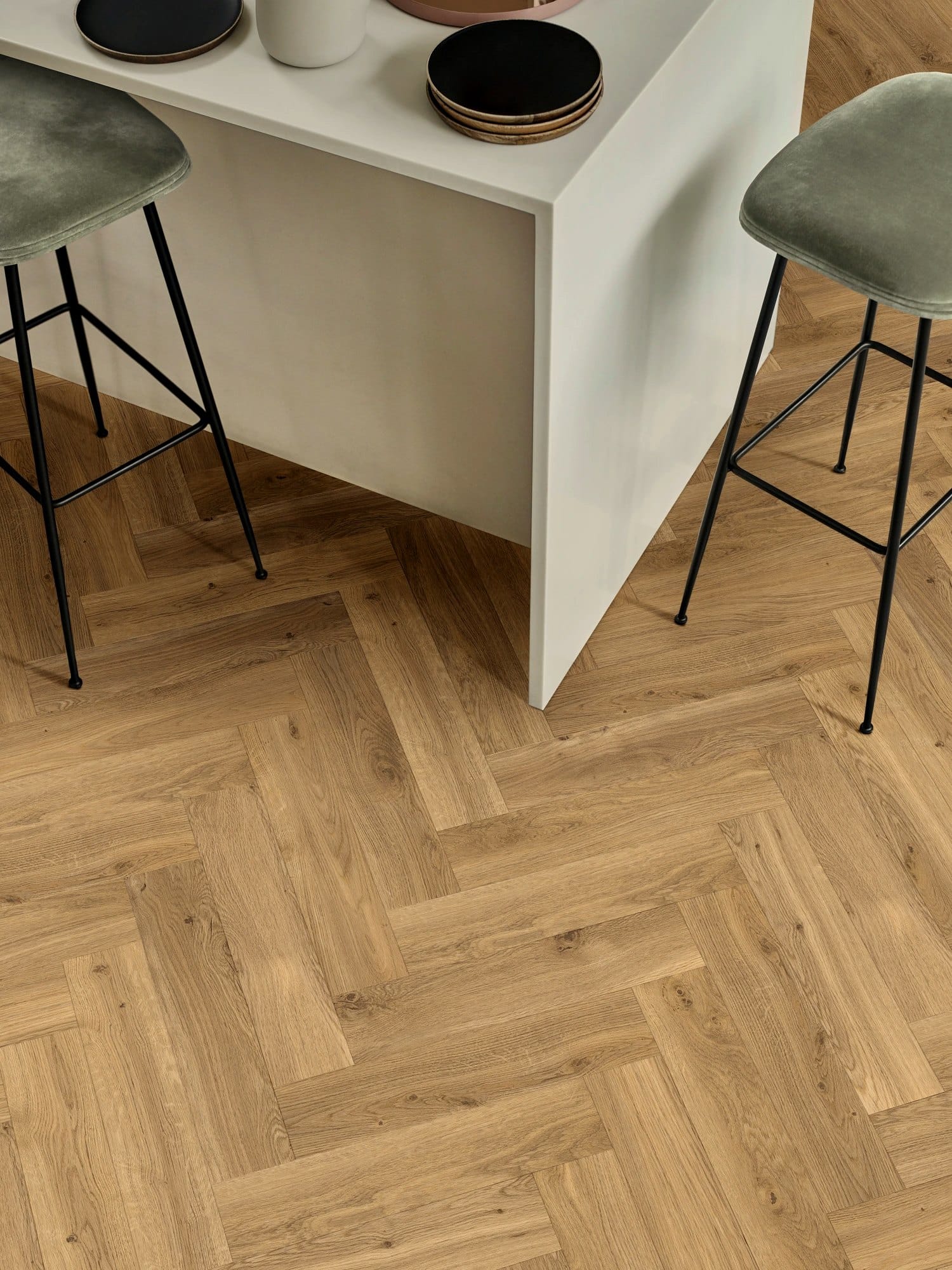 Amtico First parquet flooring beneath a kitchen island