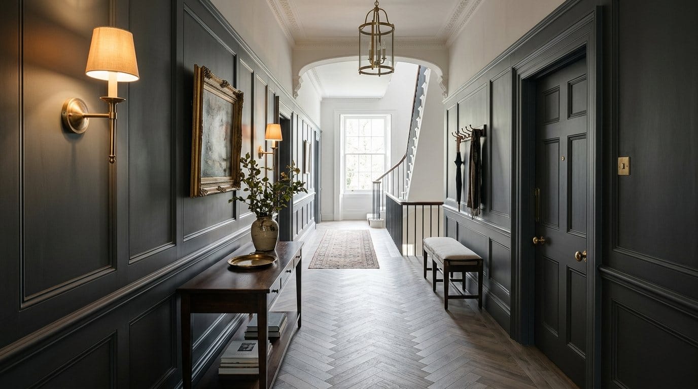 Amtico herringbone luxury vinyl floor in an elegant hallway