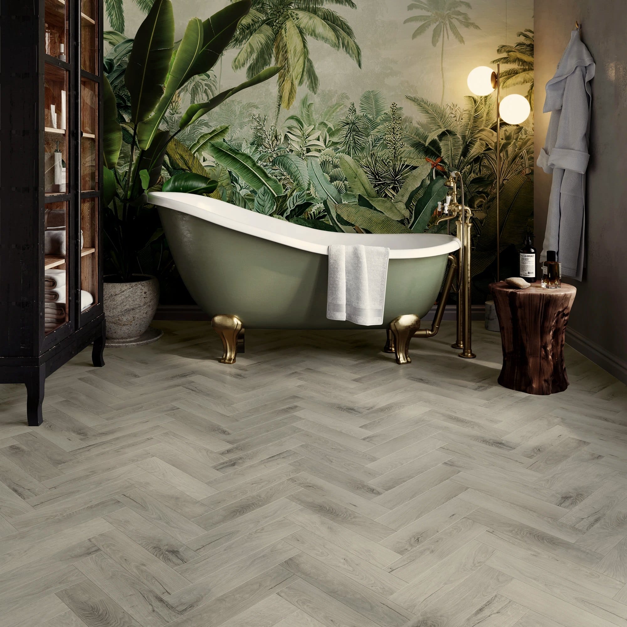 Royal Oak Nordic herringbone in a botanical bathroom with a clawfoot bath