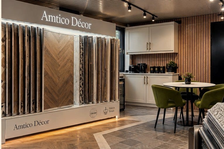 The Amtico Décor wall and consultation table inside the LK Flooring showroom
